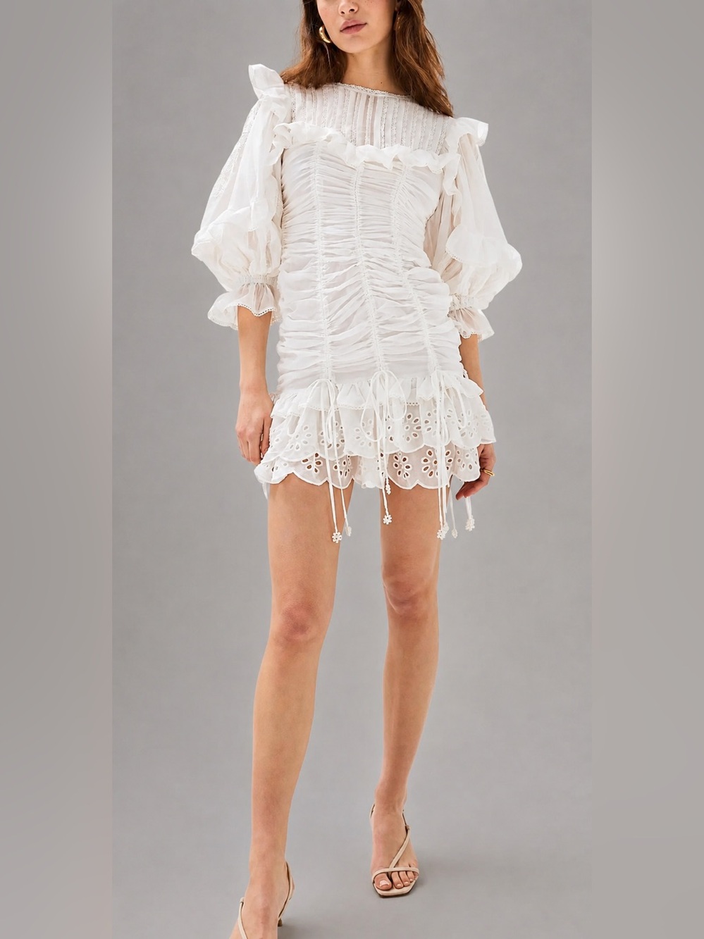 Farm Rio 100% Cotton White Laced Short Sleeve Mini Dress Ruched S Ruffle Eyelet - Picture 2 of 13